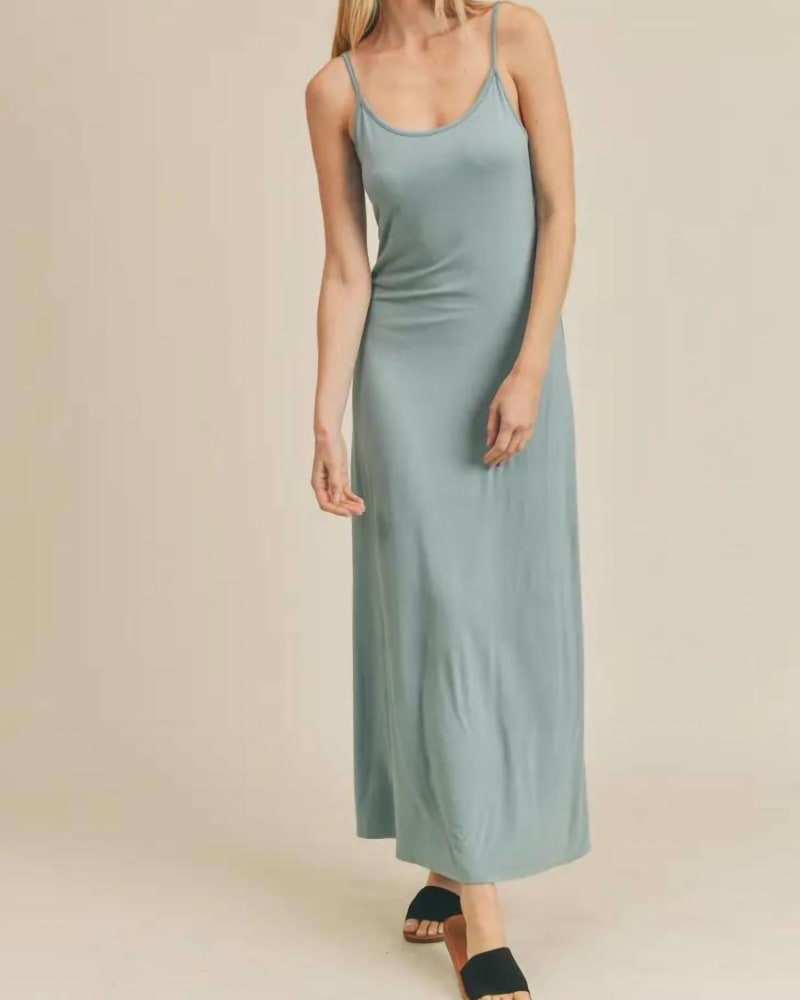 Front of a model wearing a size L Modal Strappy Open Back Maxi Dress With Lining in Atlantic Blue in Atlantic Blue by wasabi + mint. | dia_product_style_image_id:345251